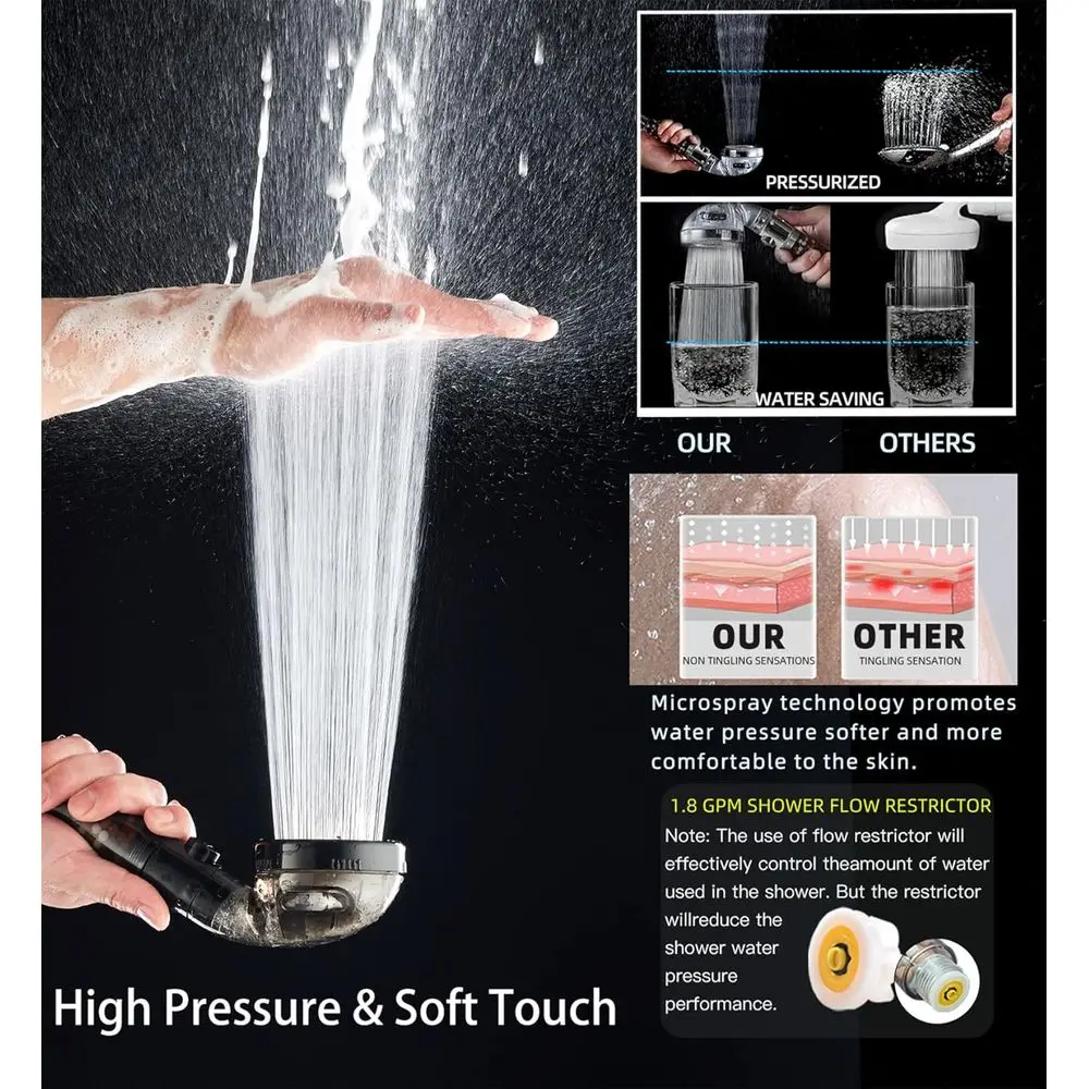 رأس دش بفلتر معدني عالي الضغط مع محمول باليد، 4 أوضاع، سهل التركيب، موفر للمياه، متانة، قابل للفصل للمياه الصلبة #3