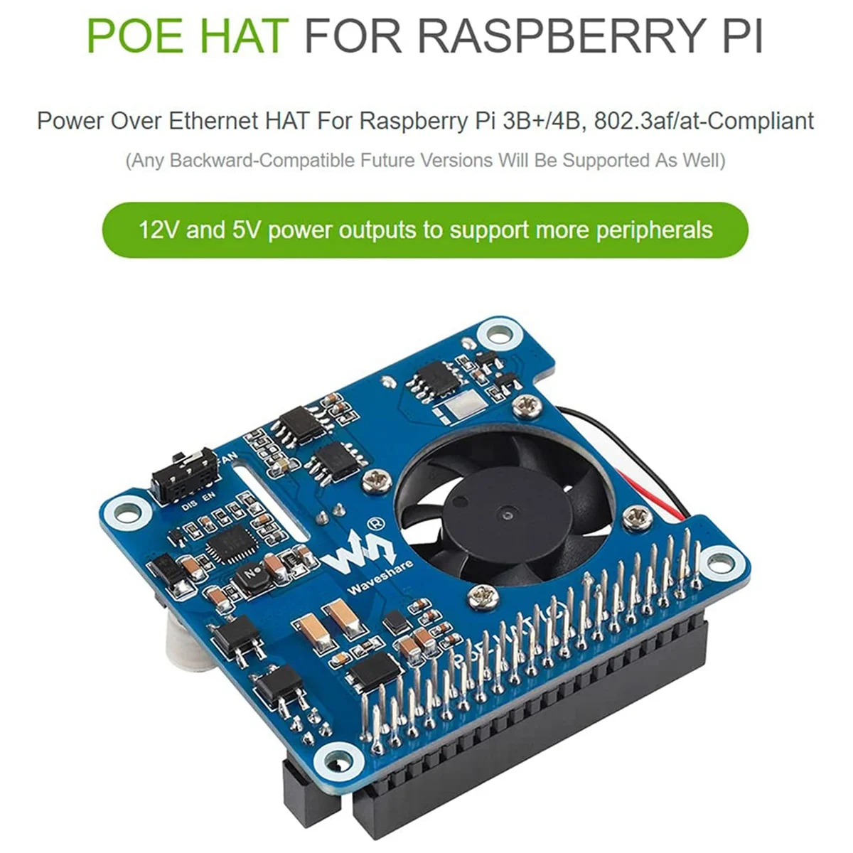 Waveshare POE HAT (C) for Raspberry Pi 4B/3B+, Power Over Ethernet HAT, Support IEEE 802.3Af/At-Compliant Network