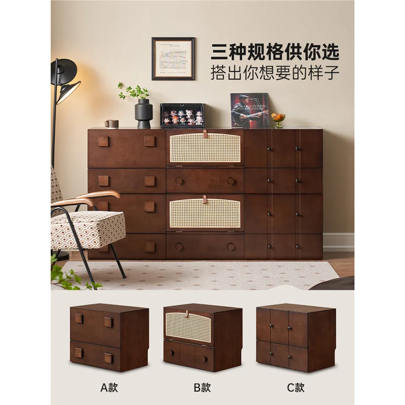 Solid wood TV cabinet living room black walnut retro floor medieval module combination side cabinet