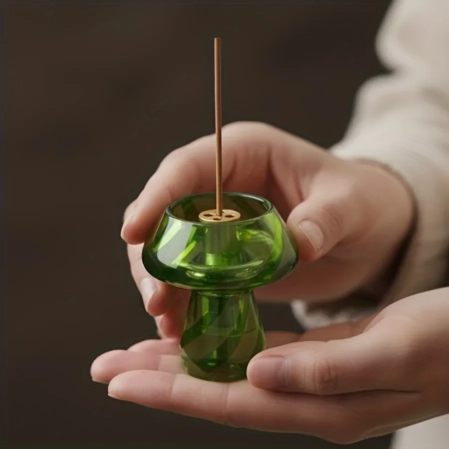 Mushroom Glass Candle Holder 9-Hole Brass Incense Stand 2-in-1 Aromatherapy Diffuser for Home Office Yoga Meditation Zen Decor
