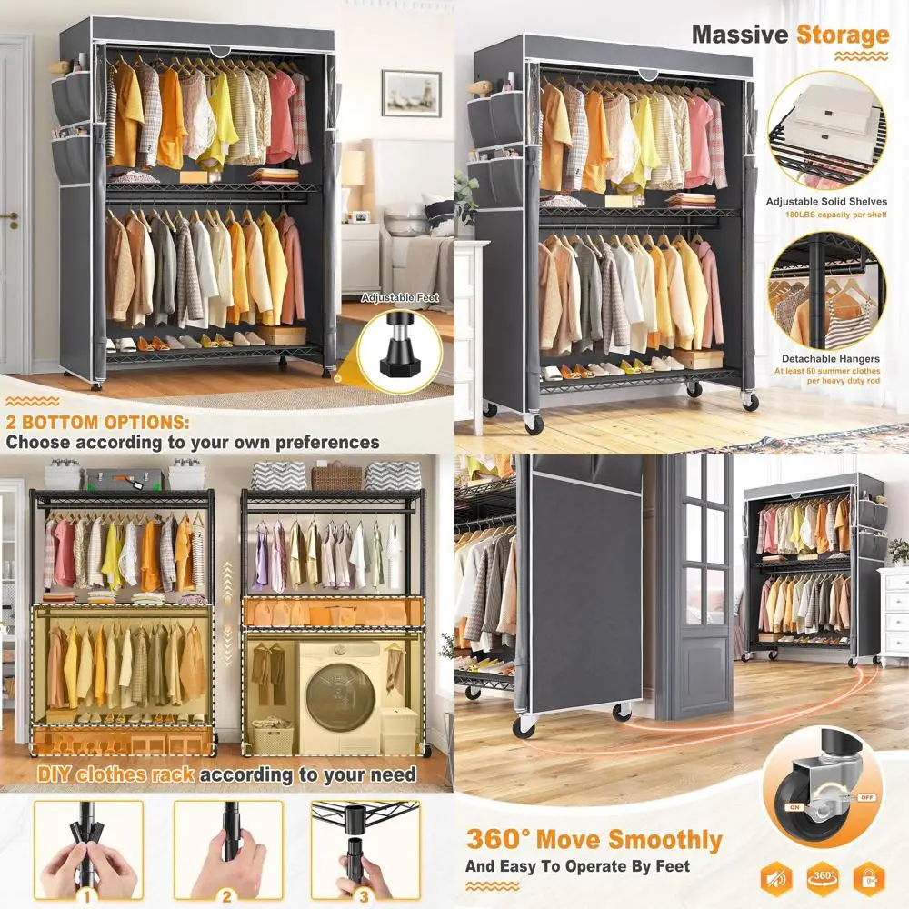 

Портативная усиленная вешалка для одежды на 81 предмет с регулируемыми полками, чехлом и двойными штангами, максимальная нагрузка 440 фунтов, черная