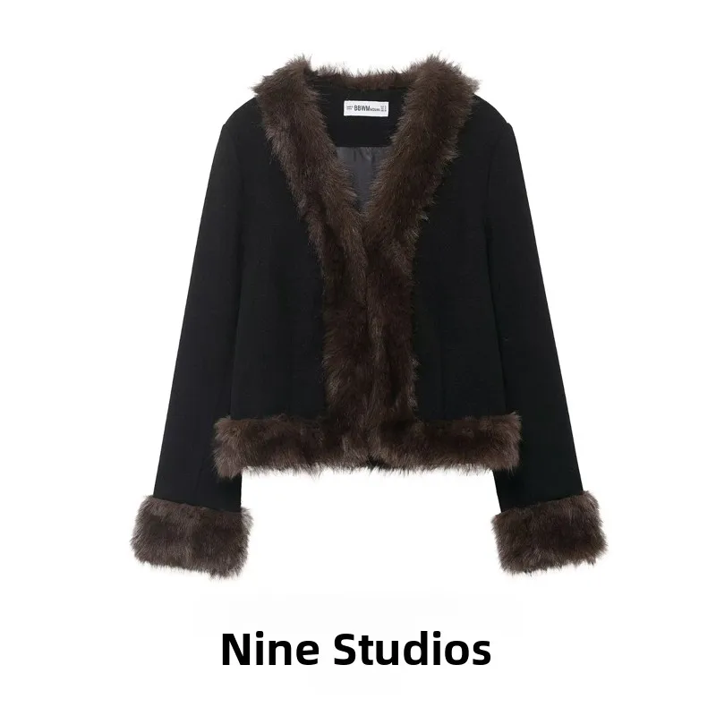 

NINE ZAR Women's ort Fur Jaet V-Ne Trimmed Slim Fit Waist-Cinched Long Sve European Sle Outerwear Top Coat
