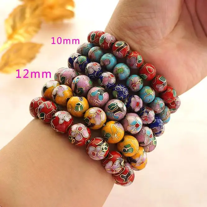 Fine Cloisonne Enamel 12mm Beads Bracelets for Women Jewelry Chinese Intangible Cultural Heritage  Elastic Rope Copper Bangle