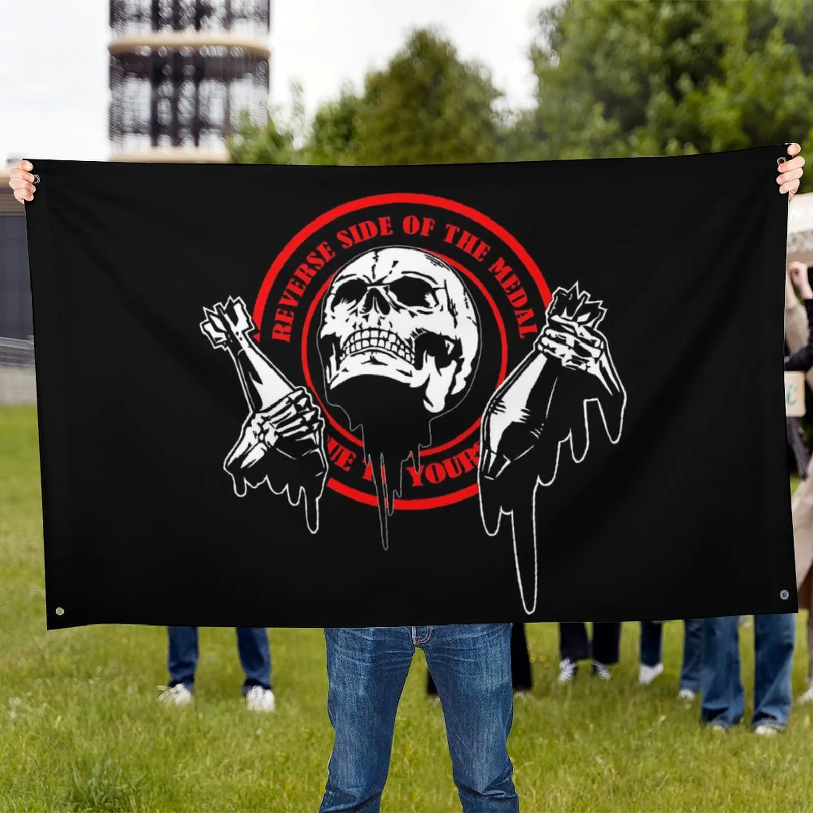Black Skull Flag Tapestry Reverse Side of the Medal Skeleton Hands Holding Grenades Punk Rock Metal Music Festival Decor Display