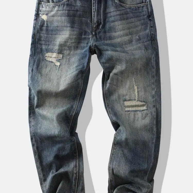 Korean Popular Clothes Retro Street Trendy Sticker Ripped Jeans Men's Washed Old Straight Loose Long Pants Large Size Trousers