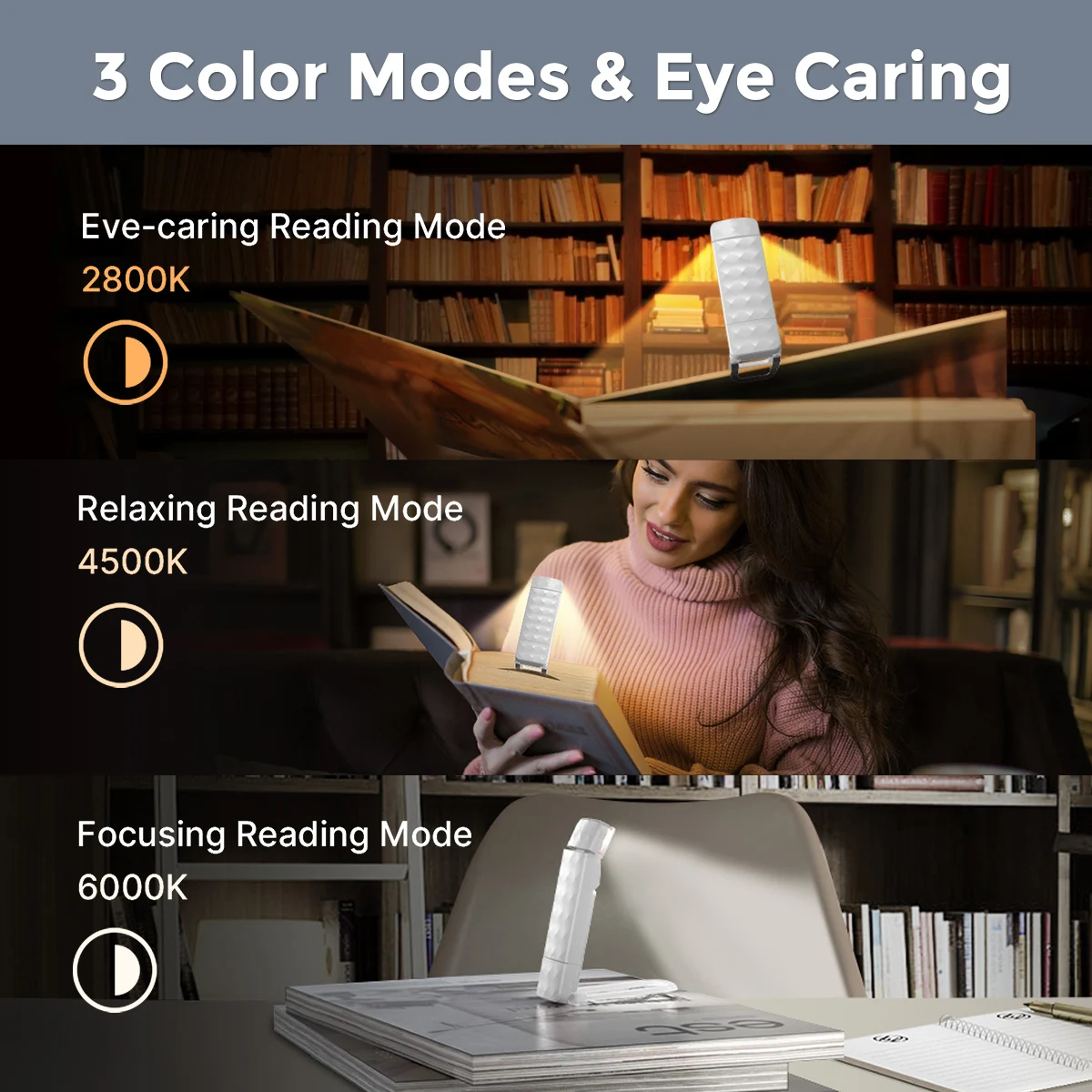 Rechargeable Reading Light with 3 Color & 5 Brightness, Adjustable Angles Portable Book Lamp for Bed,30 Mins Timer for Kids Room