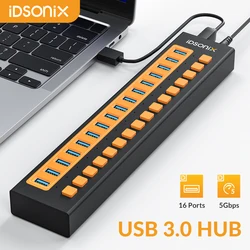 iDsonix USB 3.0 HUB 7/10/16 Port Type C Docking Station 5Gbps High Speed Individual ON/OFF USB Splitter HUB Adapter for Laptop