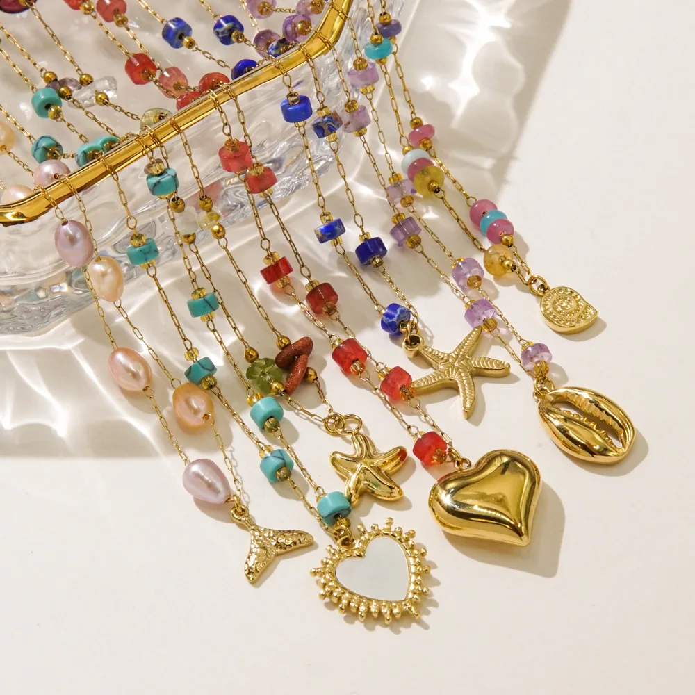 

3pcs Lot Fashion Light Luxury Elegant Colored Gravel Beads Natural Beads 14K Gold Stainless Steel Pendant Women's Necklace