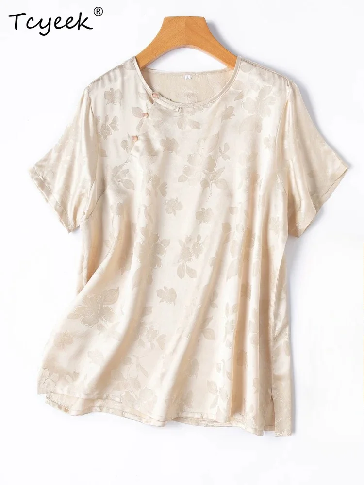 Tcyeek 100% Real Mulberry Silk T-shirt Summer Vintage Clothes Elegant T-shirts for Women Ladies Tops Aesthetic Топ Женский