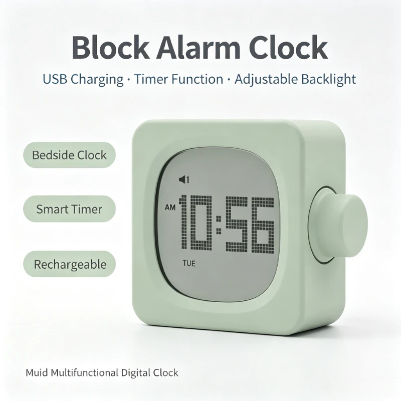 Muid Multifunctional Block Alarm Clock USB Charging Bedroom Bedside Digital Clock Timer Function