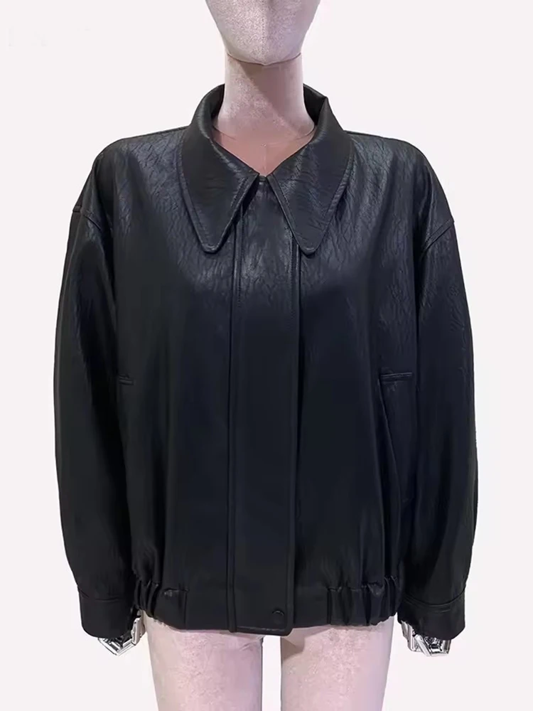 Mauroicardi Spring Autumn Luxury Short Waterproof Soft Washed Brown Pu Leather Jacket Women Turn-down Collar Zipper High Waist