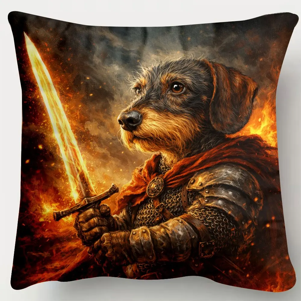 Epic Fantasy Dog Knight Holding Glowing Sword Throw Pillow Cushion for Gamer Room Decor