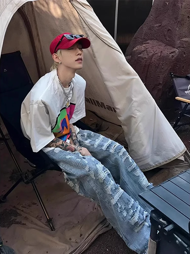 

Trendy Men's Denim Jeans Hole Punching Straight Leg Vibe Sle Ins Design Hip Hop Long Pants Wear Resistant Micro Stretch