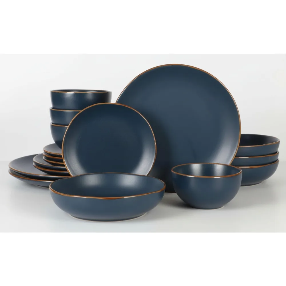 

16-Piece Navy Blue Stoneware Dinnerware Set - Durable Ceramic Plates & Bowls for Modern Kitchen Dining