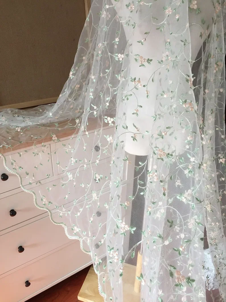 

7 Colors Small flower Embroidery Lace Fabric Green Leaves Floral Tulle Fabric for wedding bridal lace dress veil lace 51" width