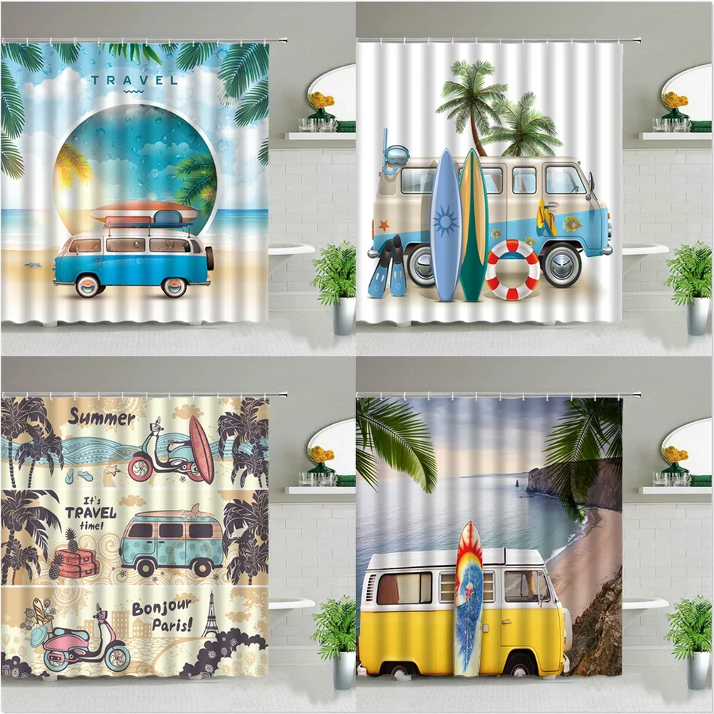 Vintage Summer Holiday Retro Bus Camper Van Shower Curtains Surfboard Palm Tree Bathroom Home Decor Bathtub Curtain With Hooks