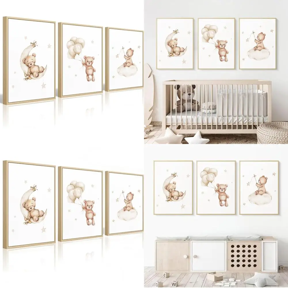 

Framed Teddy Bear Wall Art Set for Baby Nursery, 12x16 Inches, Neutral Decor with Moon, Stars, Clouds