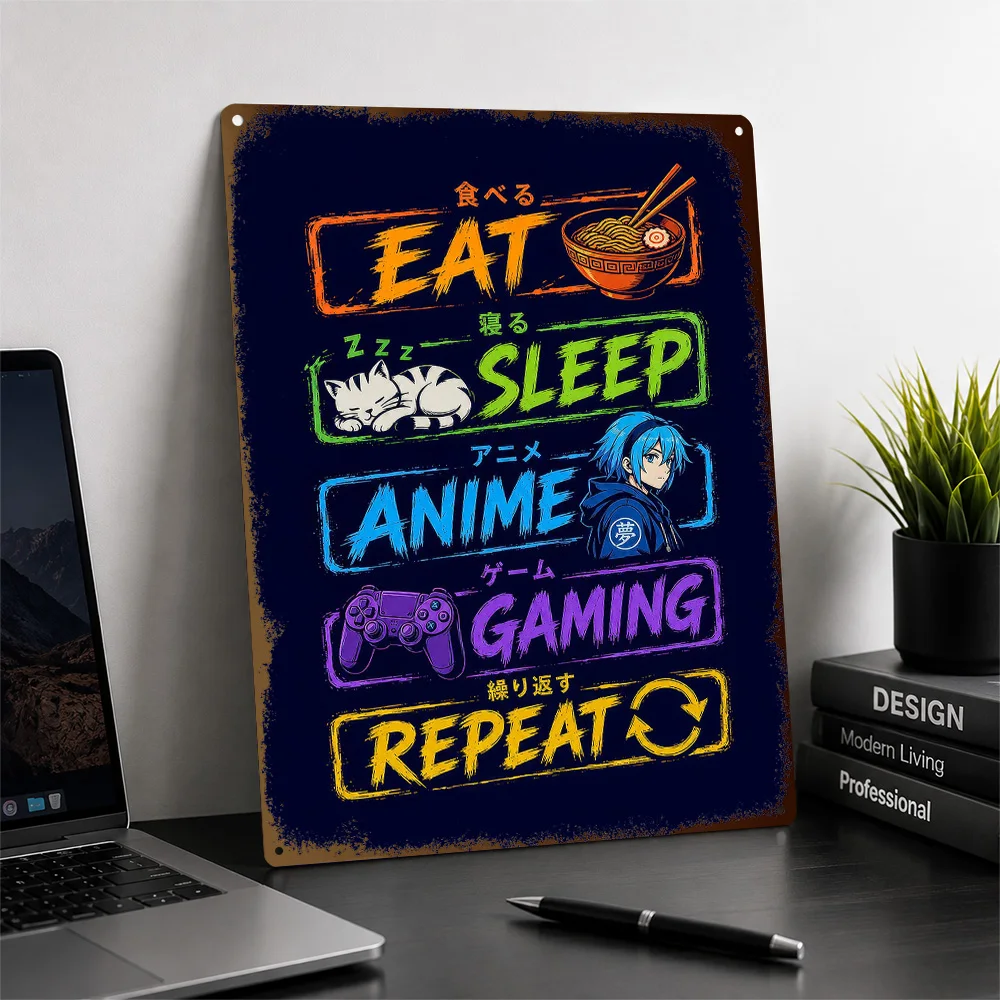 Eat Sleep Anime Gaming Repeat Aluminum Poster Customized Metal Sign Figure Tribute Wall Art Enhances Home Offices And Bedrooms