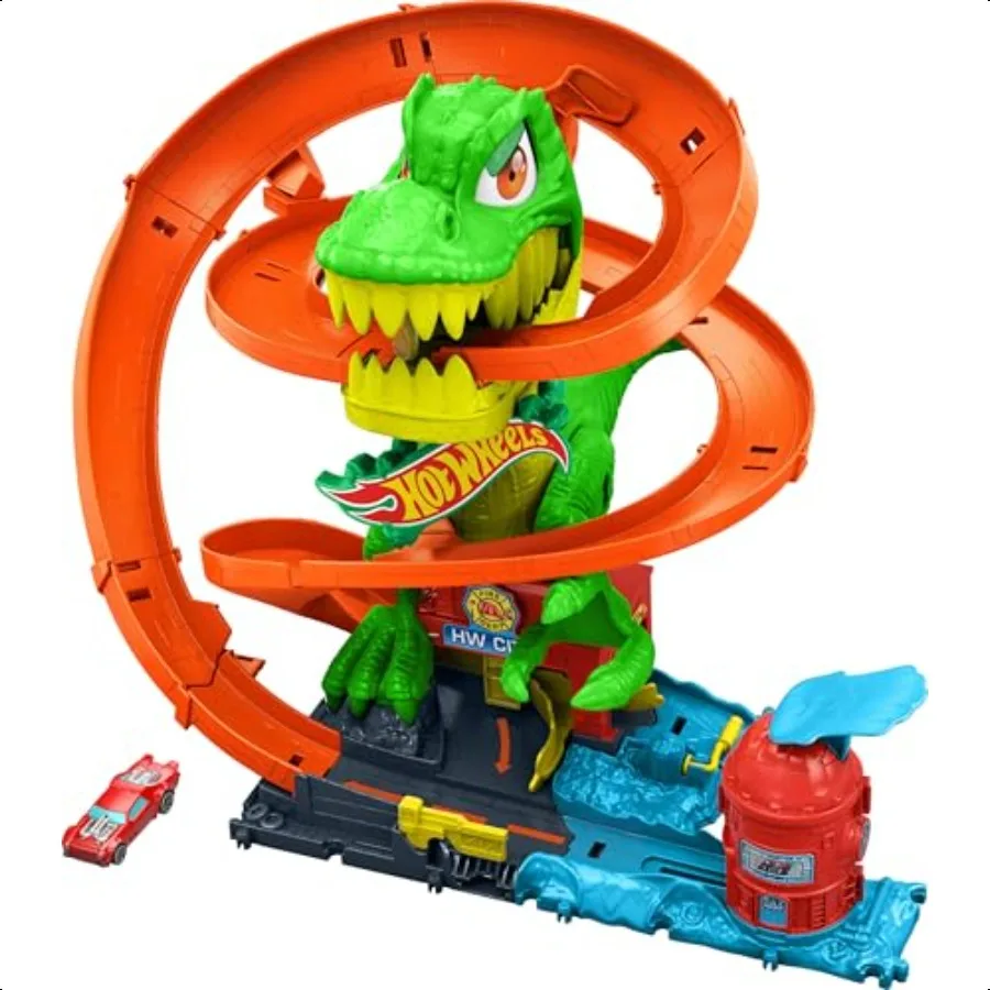 

Toy Car Track Set City TRex Blaze Battle Playset 1:64 Scale DieCast Vehicle 18 Tall Multiple Race Outcomes Spinning Dinosaur E