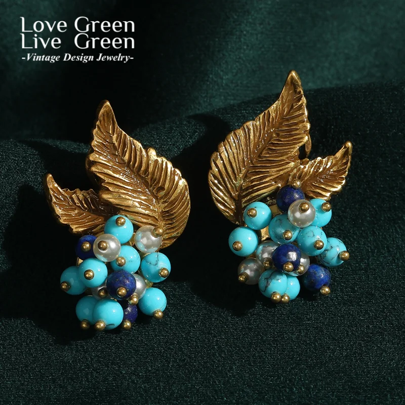 

Vintage Stud Earring Natural Stone Gold Color Leaf Luxury Turquoise Jewelry Bohemia Designer Antique Pearl For Women Accessoire