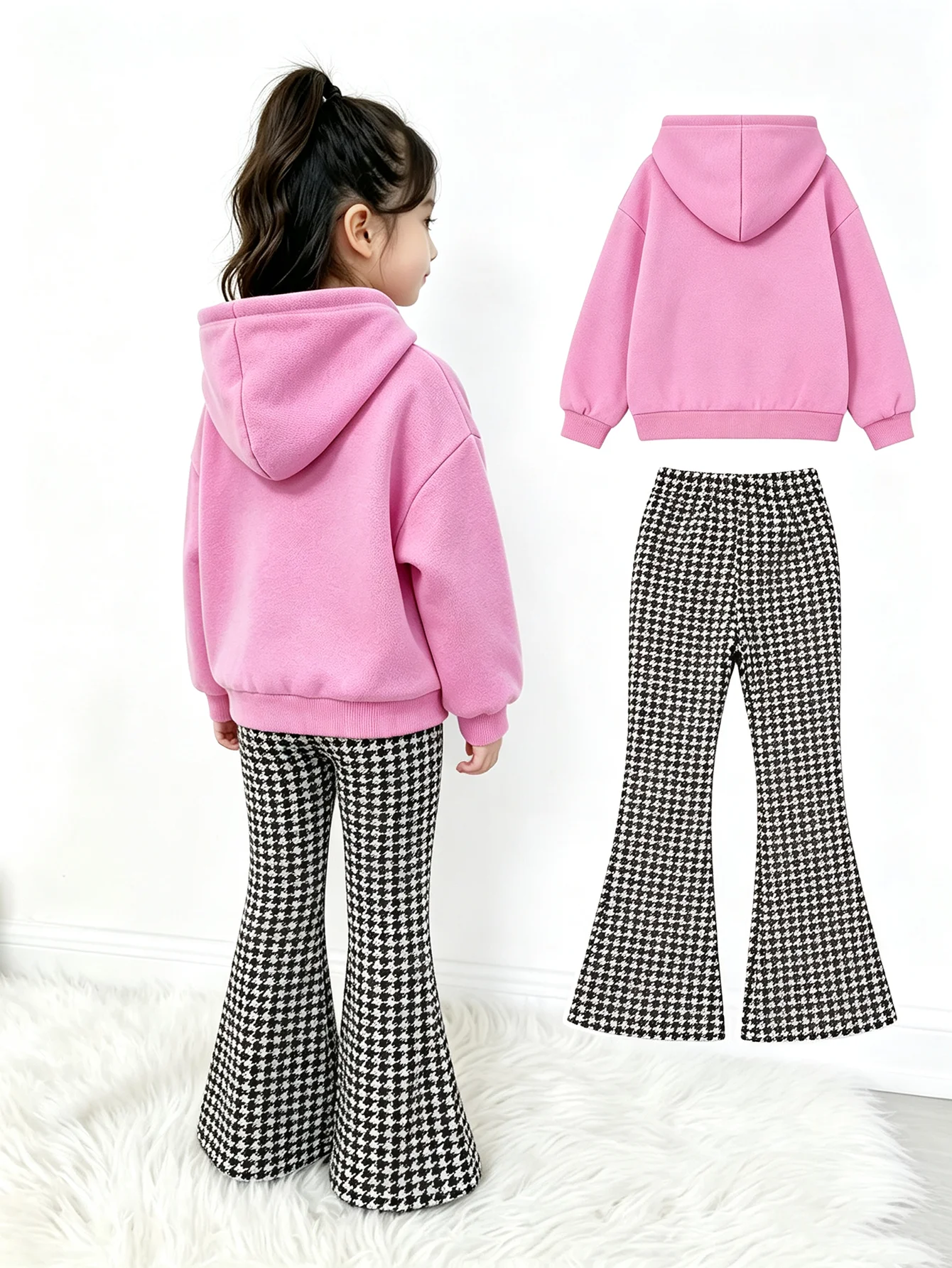 Autumn Children's Clothing Set Hooded Solid Color Long Sleeved Sweatshirt Top with Houndstooth Flared Pants for Kids