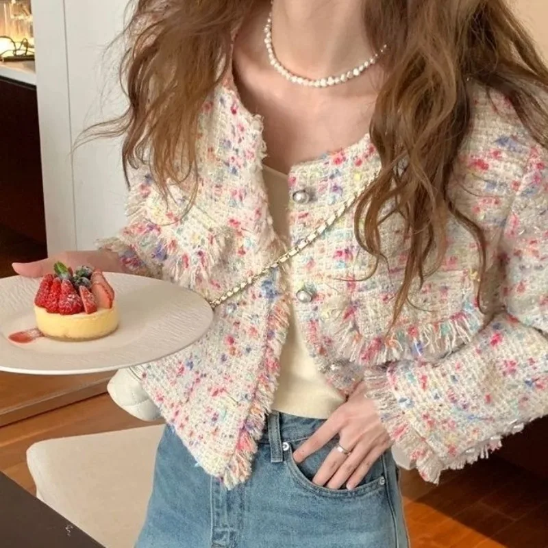 Women's Spring Autumn Cropped Tweed Jacket Rainbow Colours Coarse Weave Fringe Trim Outerwear Niche Market Chic Top