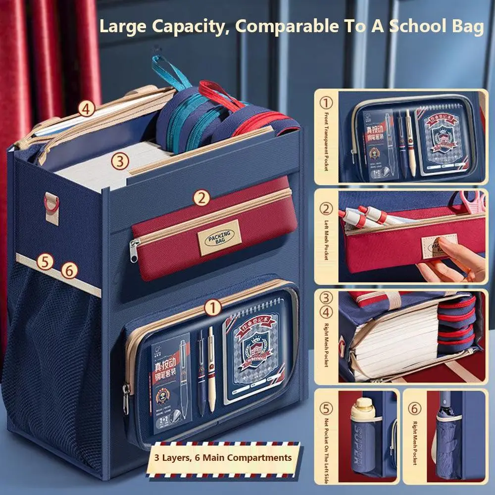 Multifunctional Contrast Color Tutorial Bag Six-layer Large Capacity Books Bag British Style Handbag Art Supplies Storage