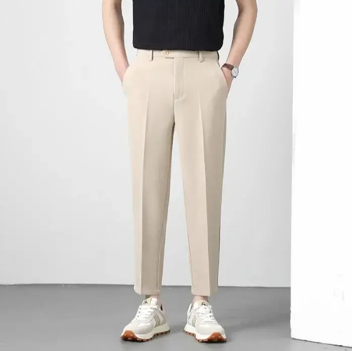 Spring Summer Suit Pants Men Business Smooth Slim Business Office Social Elastic Waist Ankle Length Formal Korean Trousers Male