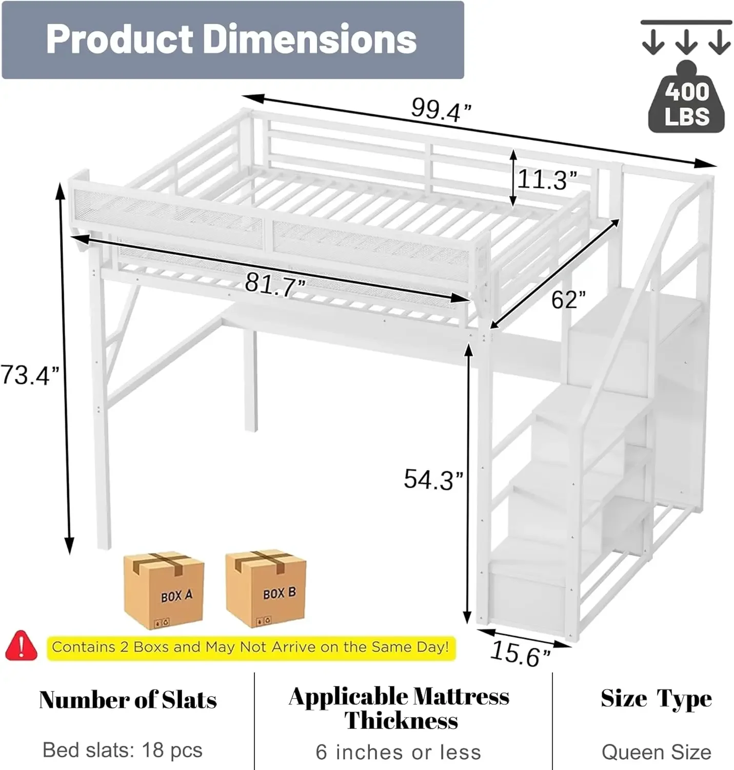 Queen Loft Bed with Desk and Stairs, Metal Lofts Bed Queen Size with Upper Storage Shelf, Gaming LoftBed with LED, Charging Stat