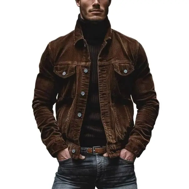 Vintage Corduroy Jackets Button-up Turn-down Collar Ribbed Jacket Coat Autumn Trendy Streetwear Mens Solid Color Men Outerwear