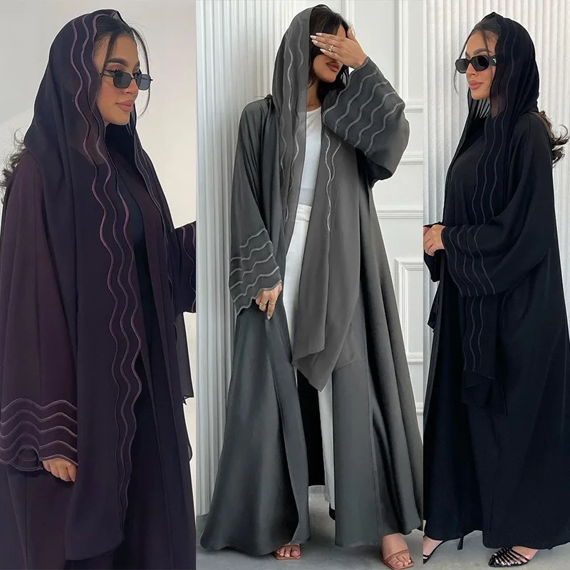 Arab Dubai Turkey Abaya Beautifully Embroidered Cardigan with Headscarf Two Pieces Sets