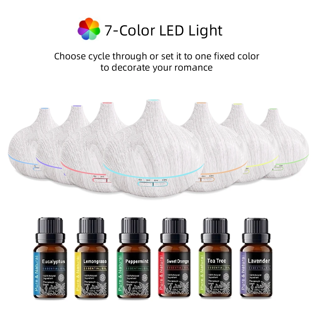 

Диффузор для дома, полный набор для ароматерапии, 550 мл, ультразвуковой диффузор с древесным зерном и пультом дистанционного управления + 6 эфирных масел с самым высоким рейтингом