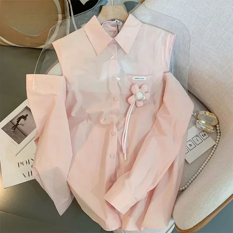 DAYIFUN-Pink Lapel Sunscreen Women's Shirts, Autumn New Loose 3D Flower Design,Ladies Blouses,Casual Off Shoulder Blusas Tops