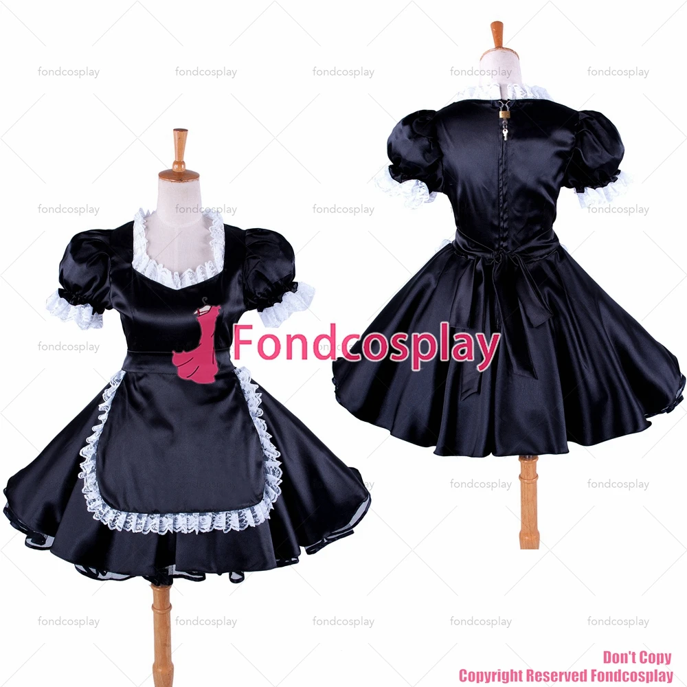 

fondcosplay adult sexy cross dressing sissy maid short Black Satin Dress Uniform Lockable apron Costume CD/TV[G1359]