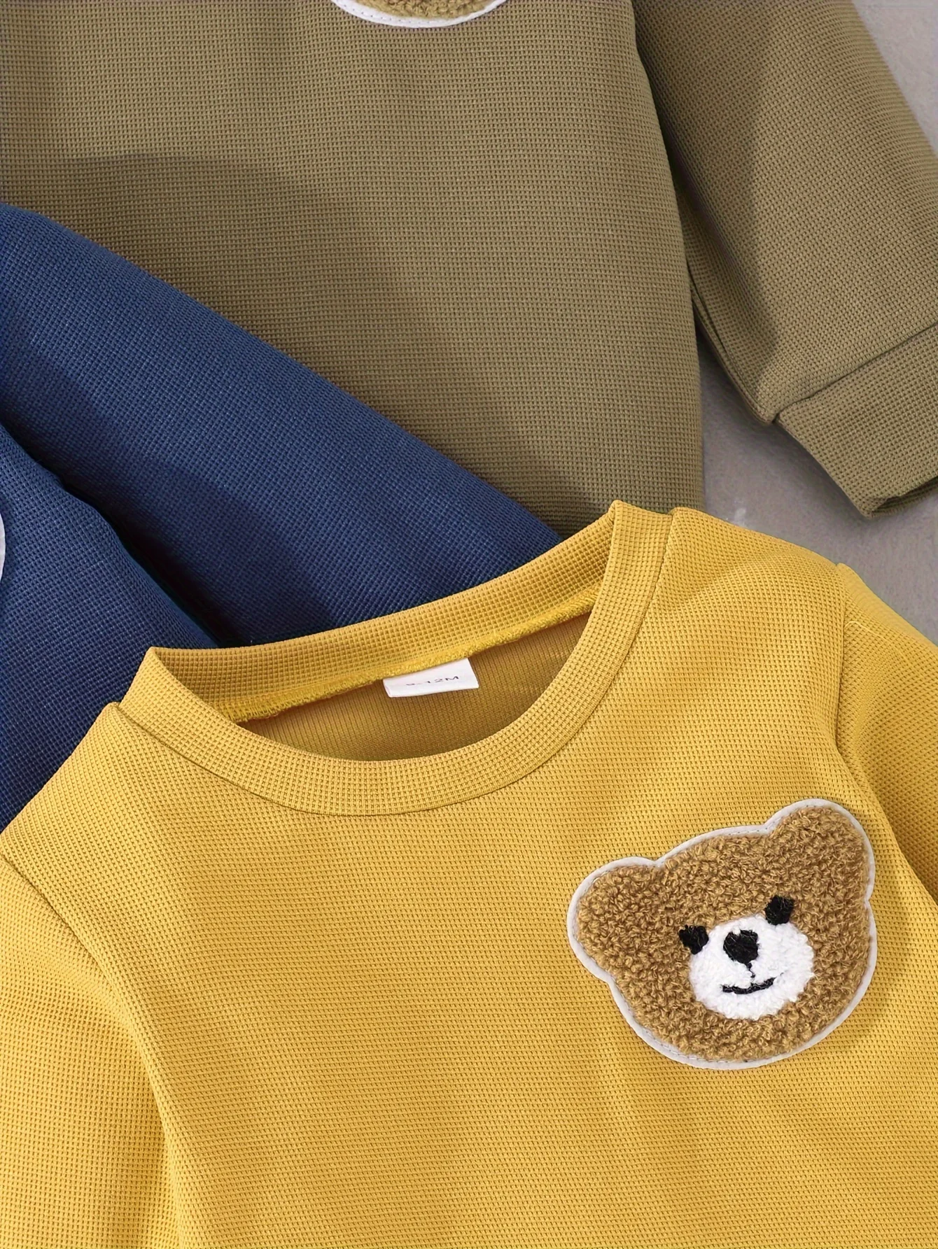 3 Sets Baby Boy Spring And Autumn Cute Bear Stick Cloth Embroidered Waffle Collar Long Sleeve Base Shirt 3 Warm Solid Color