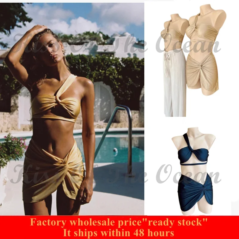 

2025 high fashion women 3 Piece swimsuit asymmetrical Twist Bandeau Ruched Low-Rise Bikini Set Gold Bathing Suit