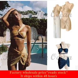 2025 high fashion women 3 Piece swimsuit asymmetrical Twist Bandeau Ruched Low-Rise Bikini Set Gold Bathing Suit