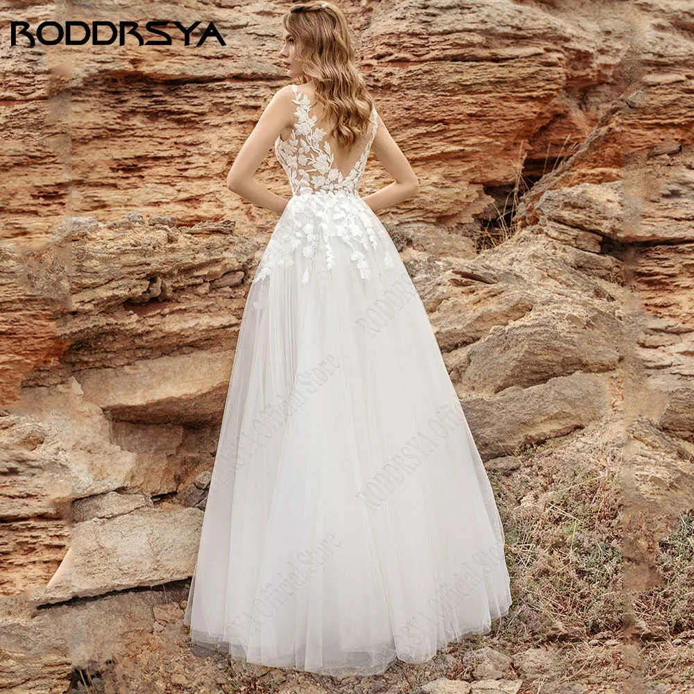 Roddsya playa vestido de novia femenino sin mangas V cuello encaje calcomanía vestido de nRODDRSYA-vestidos de novia sin mangas con cuello en V para mujer, vestidos de novia con apliques de encaje, línea A, tul bohemio