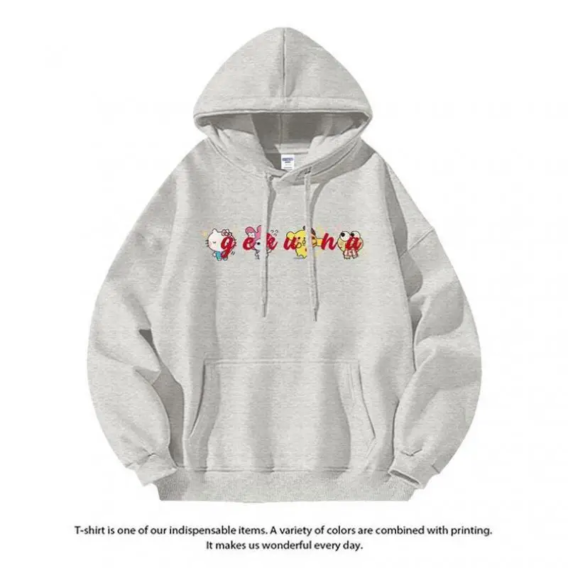 Hello Kitty Men's and Women's Hoodies Sweatshirts Sanrio Spring and Autumn Loose Cotton Hooded Sportswear Cartoon Clothing Gifts