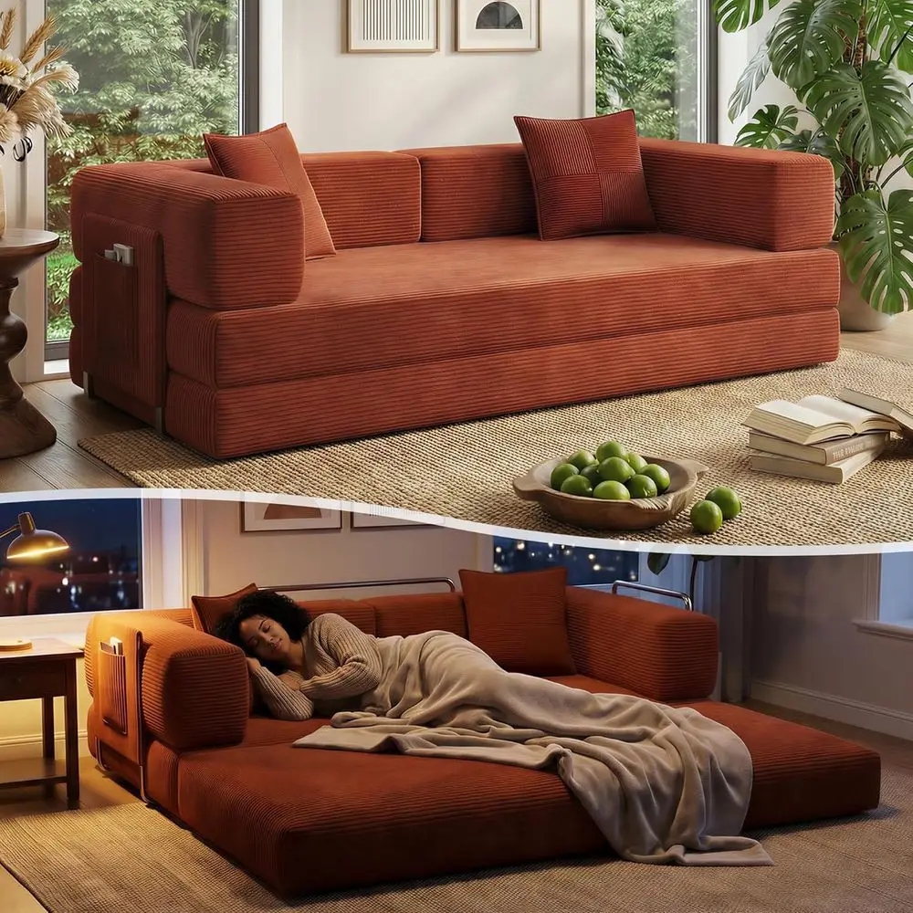 

Convertible Sofa Bed with Armrest Pillow, 4-in-1 Sleeper Couch, Living Room Corduroy Couch, No Assembly, Orange