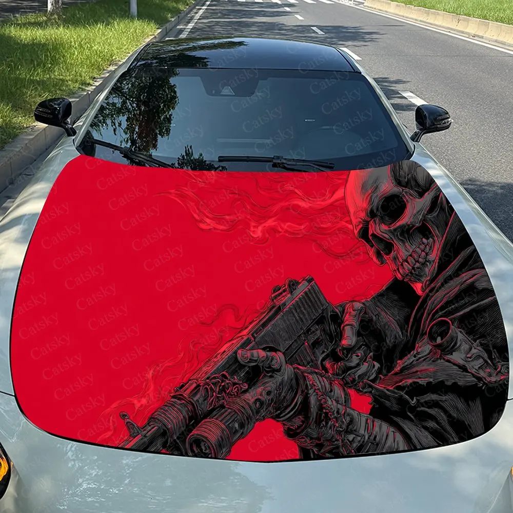 Car Decal Armed Figure with Bold Red Background in Edgy Design, Creating a Striking and Dynamic Visual Car Hood Sticker, Waterpr