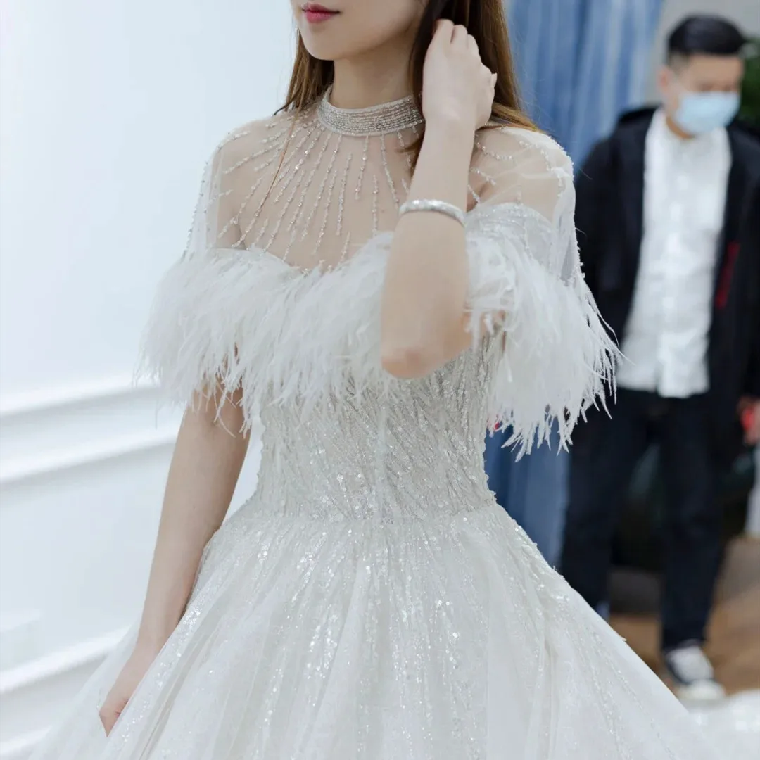 Vestido de boda con cuello alto, capa de cristal de piel blanca, chal, bolsa de boda para mujer