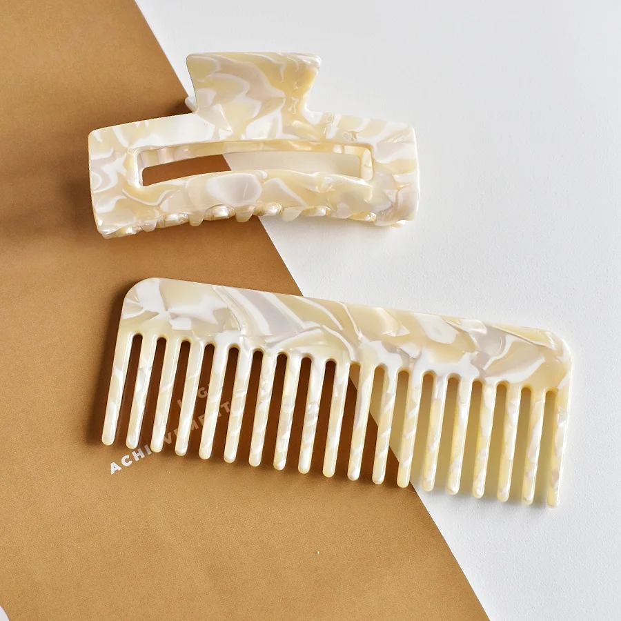 2-teiliges Damen-Haarkamm-Set aus Acetat mit breiten Zähnen und rechteckiger Haarklammer – tragbare Stylings-Kombination – Detail 8