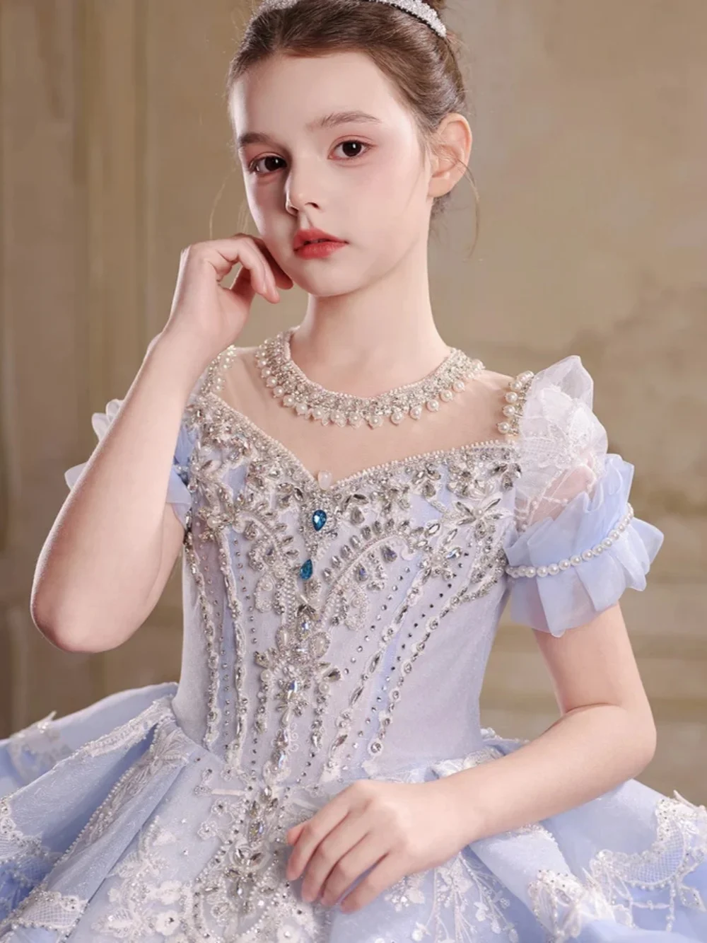 Exquisite Delicate Lace Appliques Girls Dresses For Communion Pageant Sweet Elegant Puff Sleeve Kids Princess Gown Wedding  Wear