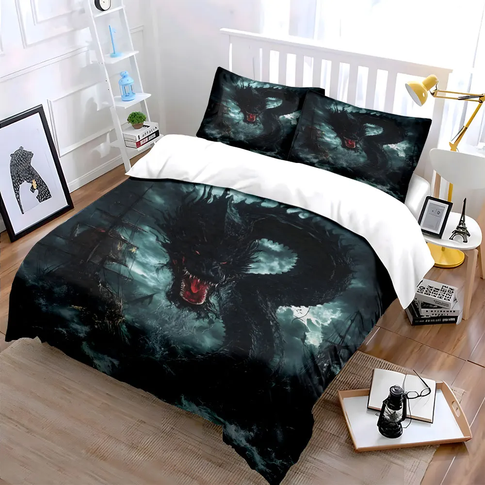 Roaring sea serpent attacking ships Print Bedding Set 1 Duvet Cover 2 Pillowcases for Adult and Children Luxury Gift Full Size