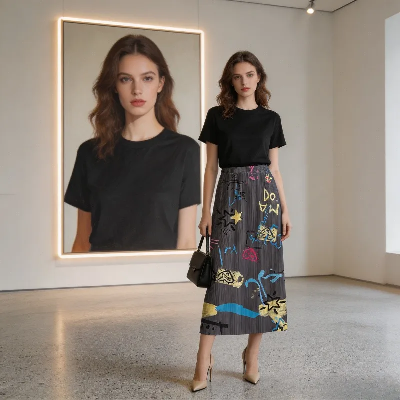 Miyake Pleated 2026 Summer New Elastic Waist Original Casual Comfortable Printed Pleated Fashion Loose Half Skirt for Women