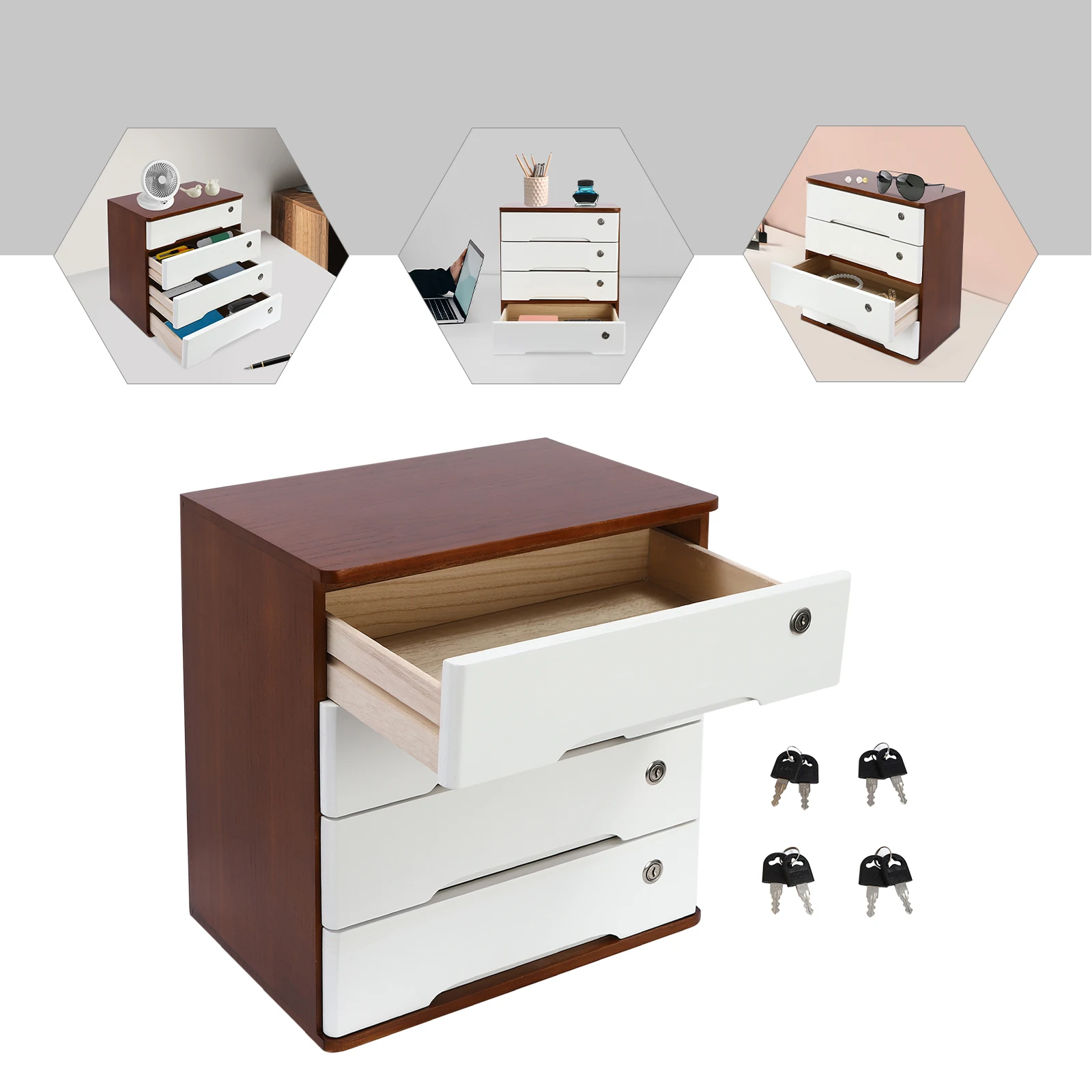 

4-Tier Lockable Storage Cabinet Desk Organizer Tung Wood Non-Slip No Assembly Organizer for Office Study Bedroom Walnut+White