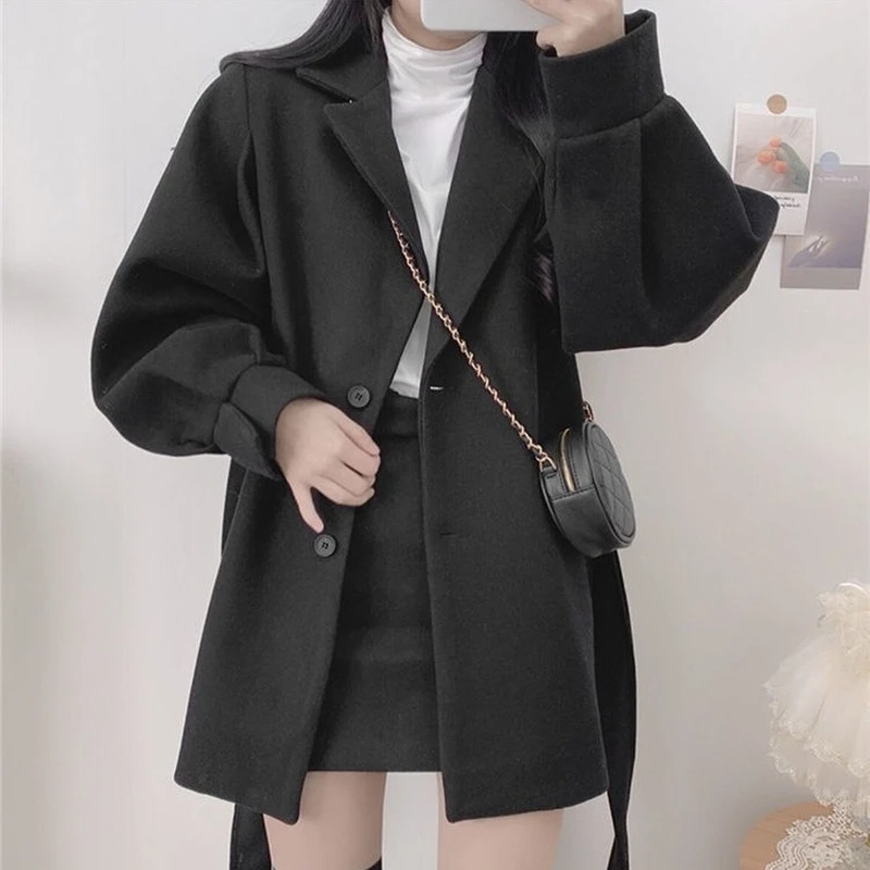 Autunno e inverno moda lana misto nero a maniche lunghe cappotto con risvolto cintura da donna sottile cappotto coreano tutto-fiammifero abbigliamento donna