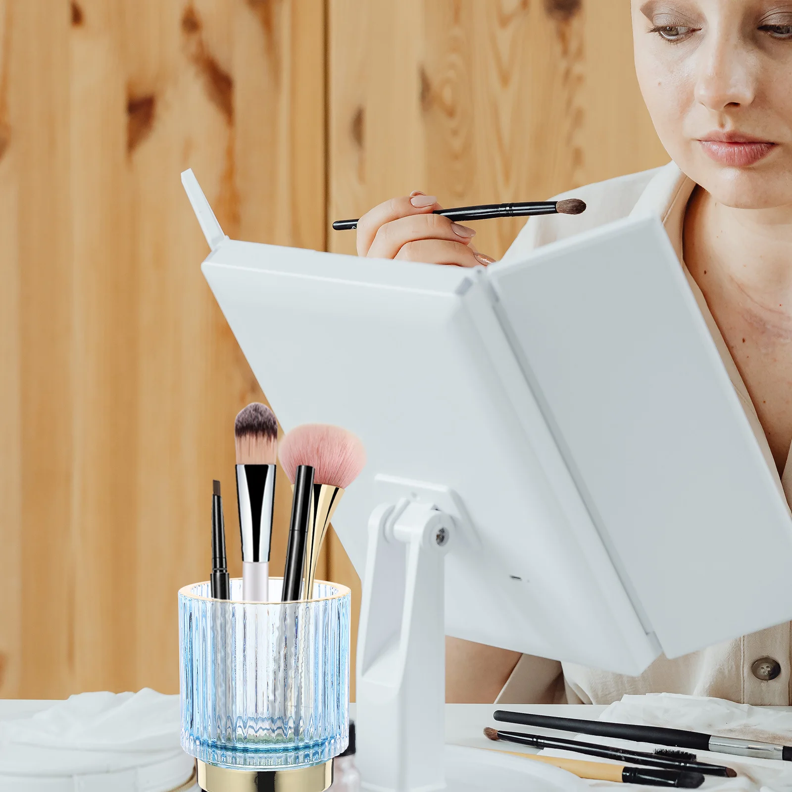 

Thickened Glass Makeup Brush Organizer Clear Holder Desktop Vanity Storage Case Pen Holder Makeup Organizer