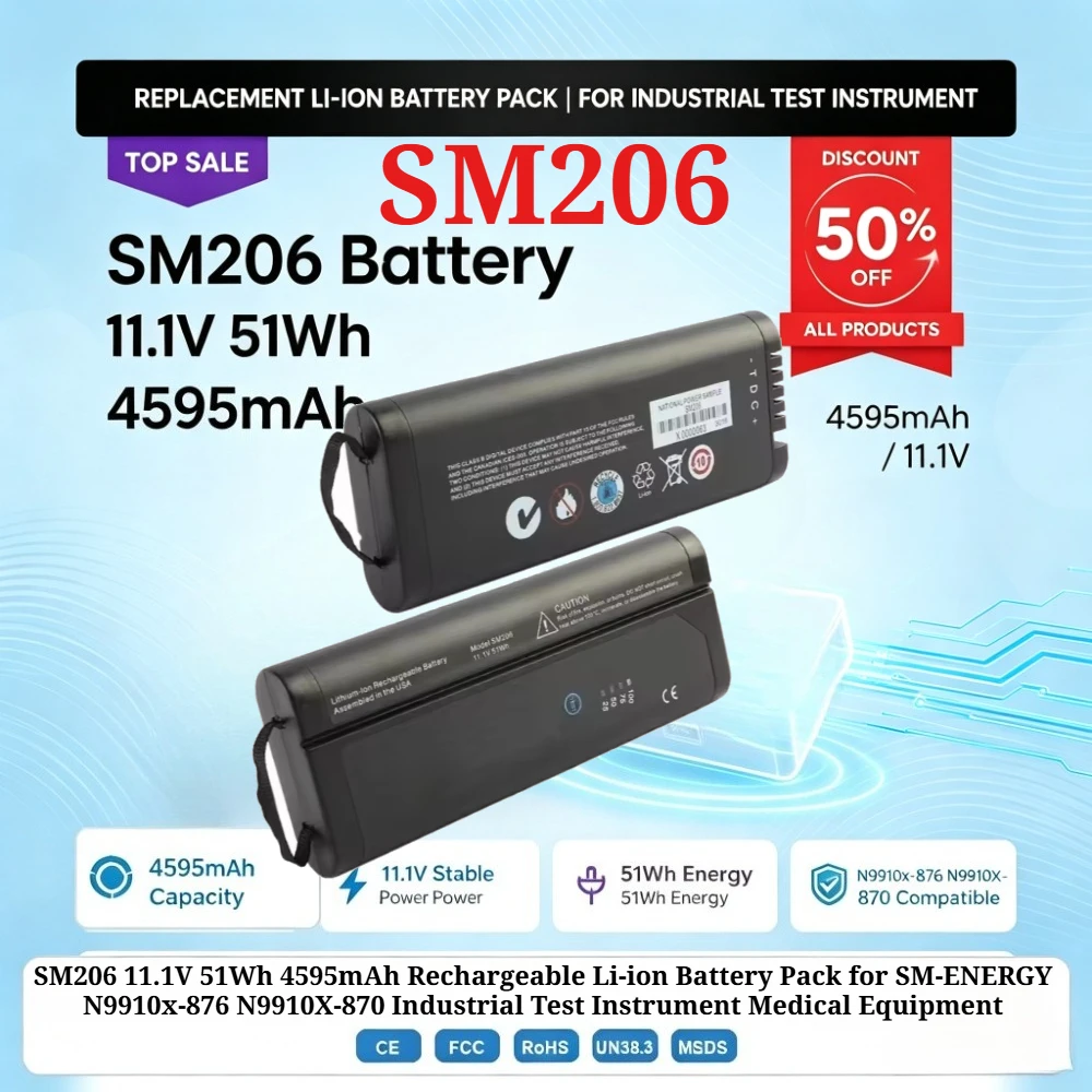 SM206 11.1V 51Wh 4595mAh Rechargeable Li-ion Battery Pack for SM-ENERGY N9910x-876 N9910X-870 Industrial Test Instrument Medical